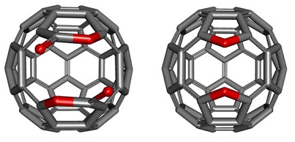 Fullerene bis-lactone C60O4 (left) and oxafullerene C58O2 (right).