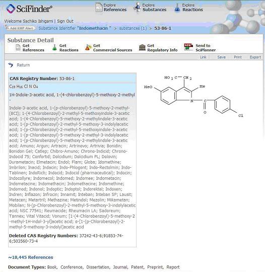 図1.　インドメタシン（Indomethacin）のSciFinder におけるCAS Registry Number検索結果 （社）化学情報協会提供