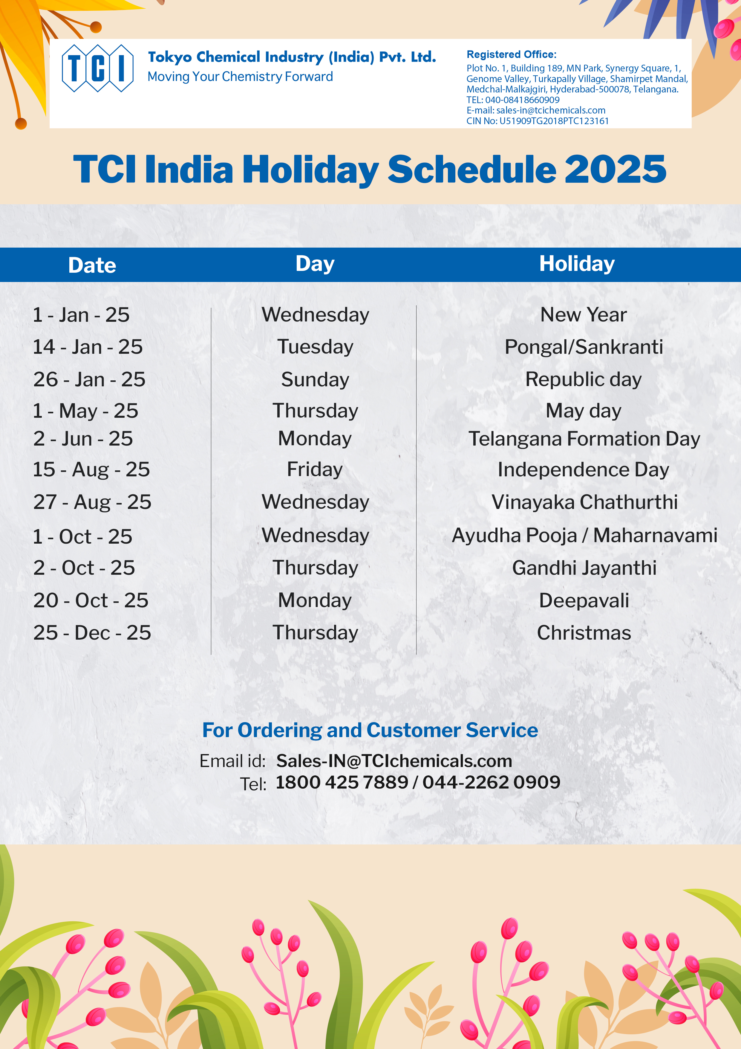 TCI India Holiday Schedule